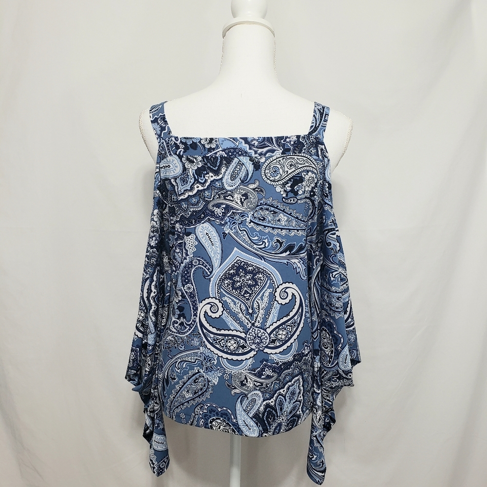 ECI Blue & Black Paisley Batwing Top Sz S - Picture 5 of 8